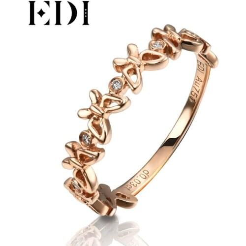 EDI Romantic 14K Rose Gold Bands Real 0.03cttw Natural Diamond H/SI Butterfly Shape Wedding Ring For Women Fine Jewelry