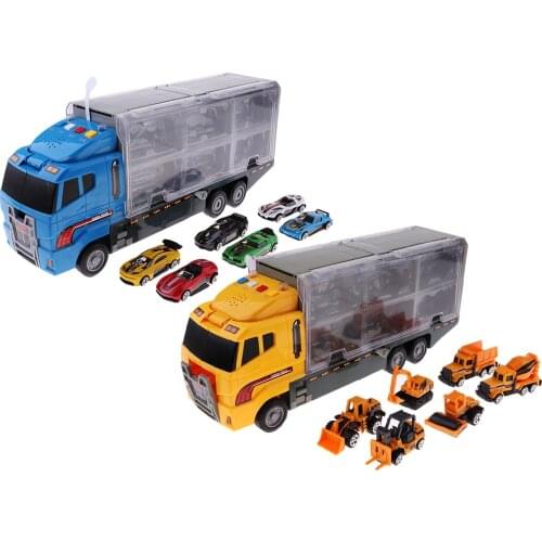 1/64 Scale Diecast Alloy Car Transpoter Lorry Truck w/ 6Pcs Mini Engineering Excavator/Fork Lift/Dump Truck Toy for kids Gift