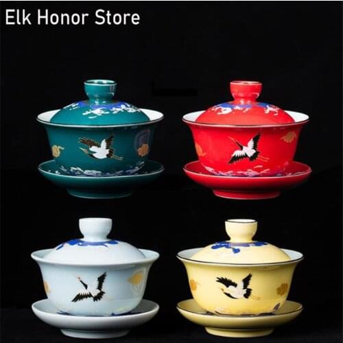 155ML Crane Tureen Kung Fu Sancai Bowl Earthenware Manual Cover Cup Tea Bowl Ceramic Tea Set Birds Gaiwan Sopera De Ceramica