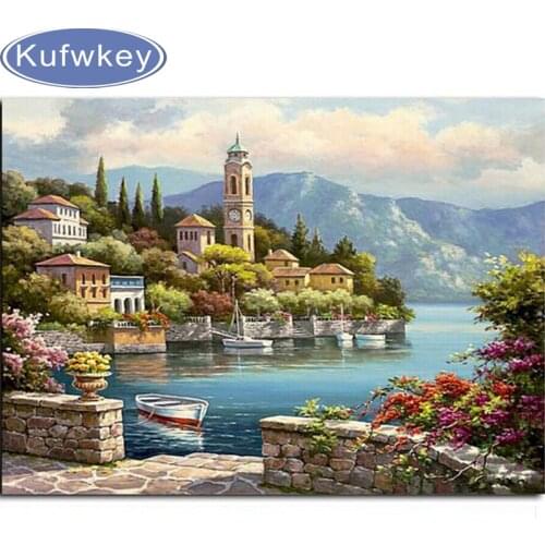 Full Square Diamond Embroidery Landscape 5D Diamond Painting River House Flowers Cross Stitch Diy Diamond Painting Landscape