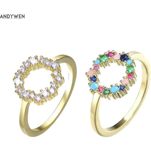 ANDYWEN 100% 925 Sterling Silver Sparkle Tutti Frutti Ring18k Gold Colorful Rainbow CZ Zircon Guadaloupe Simple Ring Jewelry