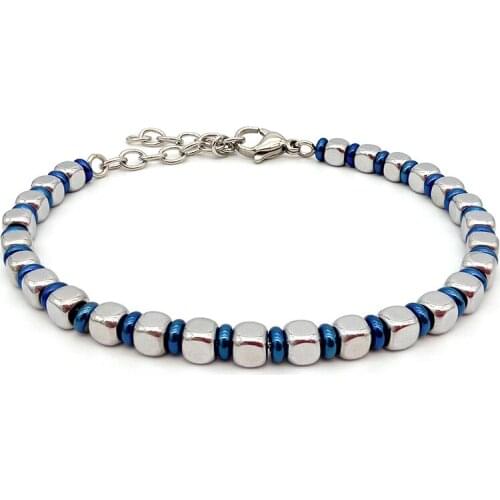 Runda New Fashion Square Mens and Womens Stainless Steel Bead Bracelet Couple Christmas Gift