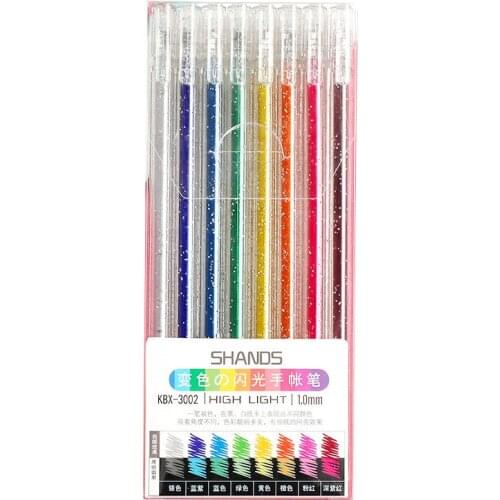 Colored gel pens, shiny metal students draw markers with markers