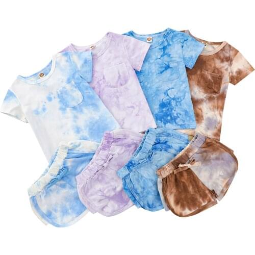 Fashion 2021 Summer Childrens Casual Suit Tie-dye Print Round Neck Short Sleeve T-shirt+Elastic Waist Shorts For Girls Boys