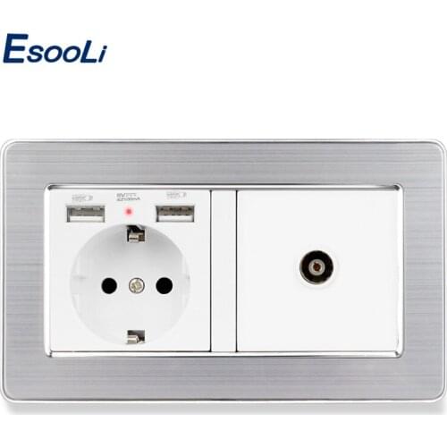 Esooli EU Standard Power Socket Grounded With Female TV Jack 2100mA Dual USB Tempered Stainless Steel Brushed Silver Frame Panel