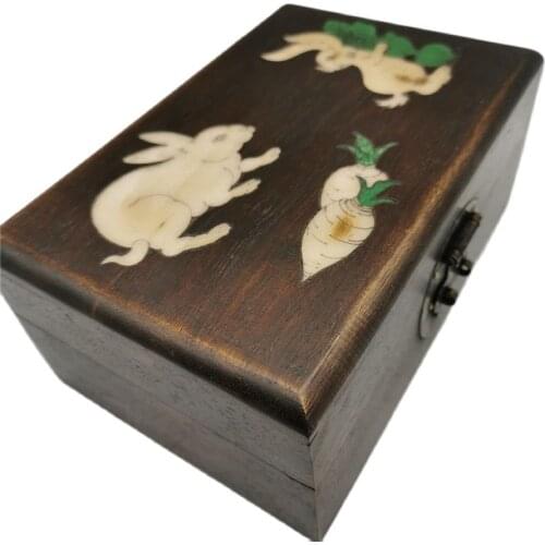 Chinese vintage craft wooden double rabbit painting jewelry box collection