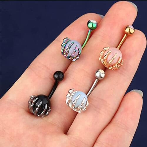 Stone Orb Shine Skeleton Hand Belly Button Rings Rose Gold Color Steel 14g Navel Piercing Ombligo Opalite Body Jewelry for Women