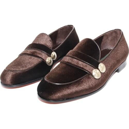 SHENBINS Handmade Brown Velvet Loafers with Genuine Leather Soles and Gold Buttons, Full Leather Insoles, Mens Party Shoes