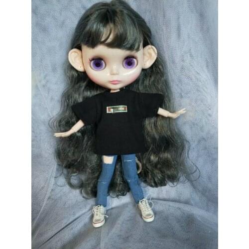 Blythes doll dress 1/6 size fashion white or black casual letter T+ blue Korean style ripped skinny jeans classic 2 pieces set