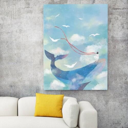 Cartoon Whale Girl Seagull Cloud Blue Sky Nordic Posters And Prints Wall Art Canvas Painting Wall Pictures For Kids Room Decor