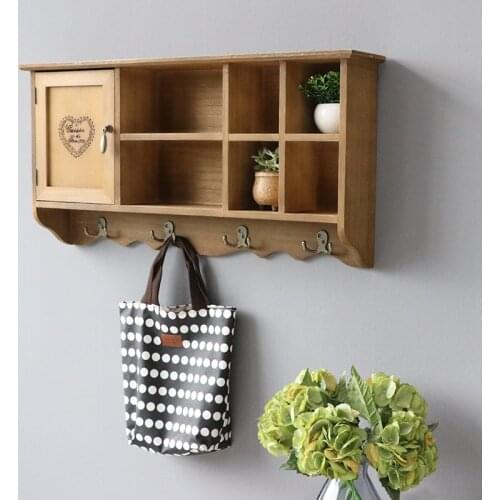 Wall mount wood shelves cabinet with hooks