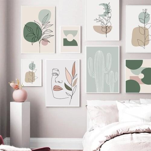 Leaf Human Face Curve Block Color Cactus Line Abstract Poster Nordic Wall Art Canvas Painting Print Pictures Living Room Decor