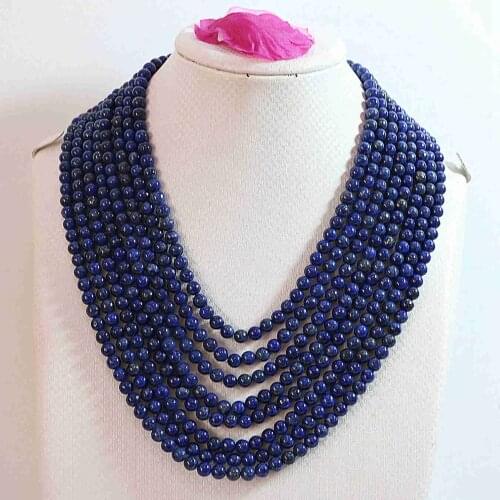 Natural Lapis Lazuli Stone 6mm Round Beads 8 Rows Diy Necklace High Grade Women Pro Weddings Party Gifts Jewelry 17-26inch B649