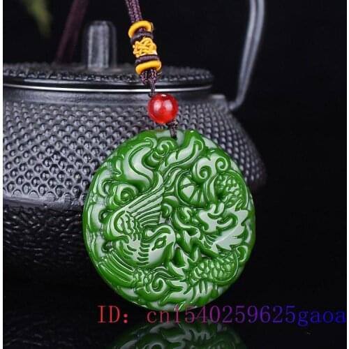 Jade Dragon Phoenix Pendant Gifts Necklace Jadeite Charm Chinese Carved Amulet Jewelry Women Natural Men Fashion Green