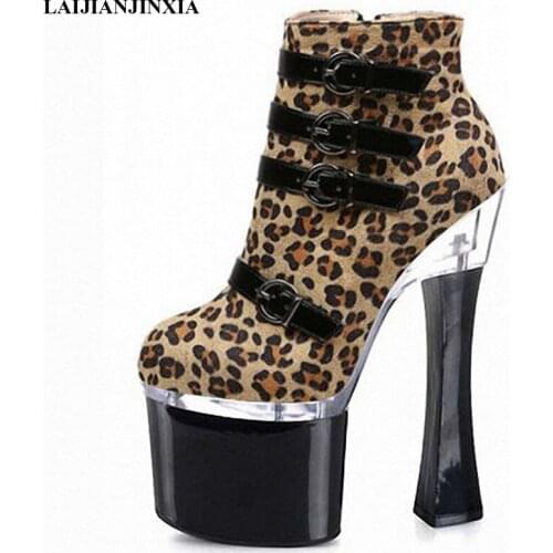 LAIJIANJINXIA New leopard print ankle boots 18cm high heel boots short fashion sexy buckle women short boots motorcycle boots