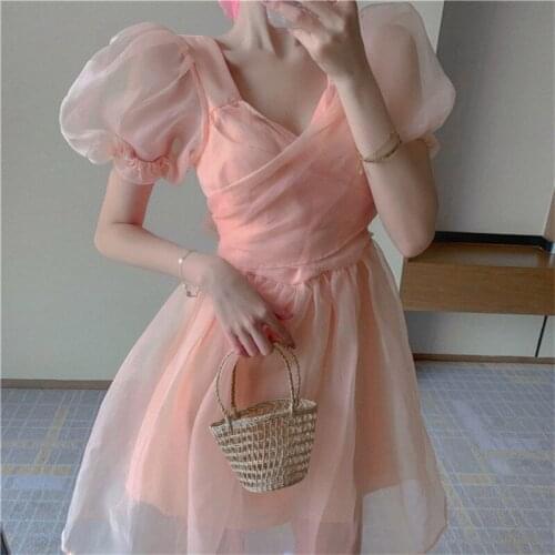 New Summer Women Stylish Pink Fairy Mini Dress V Neck Bandage Bow Feminine Party Dress Puff Sleeve French Sweet Mesh Dress