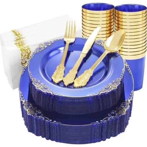 70Pcs Disposable Tableware Transparent Blue Plastic Dinner Plate Golden Plastic Silverware Cup Napkin Set Birthday Decorations