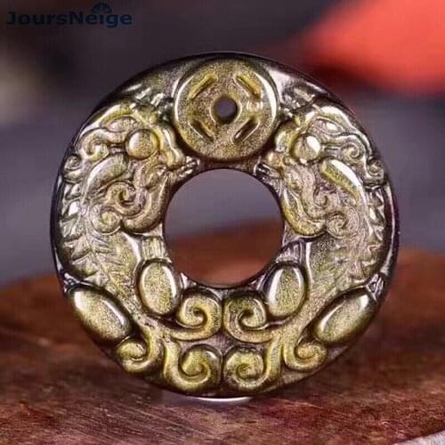 Wholesale Gold Black Natural Obsidian Stone Necklace Double Pixiu Safety Button Pendant Sweater Chain Blessing Fashion Jewelry