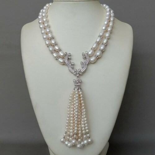 19" 2 Strands Cultured White Rice freshwater Pearl Necklace Zircon Pave Pearl Tassel Pendant