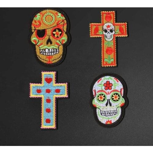 Punk Cross skull Patches Iron On Embroidered Color skull Stickers Sewing Punk Jacket Decor T-shirt Clothing accessories