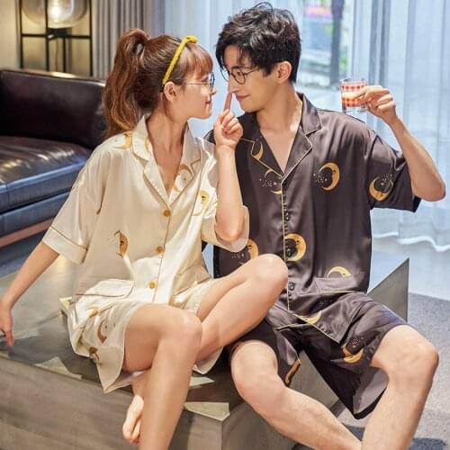 Summer Silk Satin Womens pajamas Couple Pajamas Set Plus Size Moon Print New Cartoon Short Sleeve Trousers Lovers Sleepwear