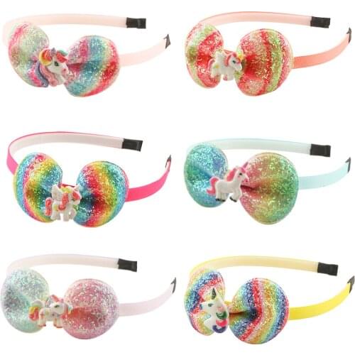 1 PC Girls Spring Hairband Glitter Hair Bows Unicorn Headbands 4 Inch Bow Shiny Kid Going Out Head Wears New Children Headhoop