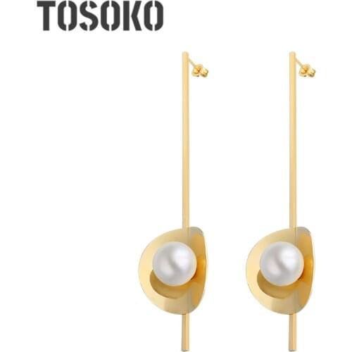 TOSOKO Stainless Steel Jewelry Exaggerated Round Piece Pearl Earrings Long Vertical Bar Womens Fashion Earrings BSF220
