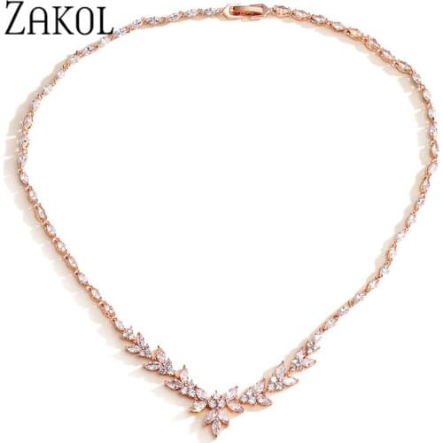 ZAKOL Luxury Exquisite Water Drop Cubic Zircon Leaf Chain Choker Necklaces for Women Fashion Bridal Wedding Party Jewelry NP5012