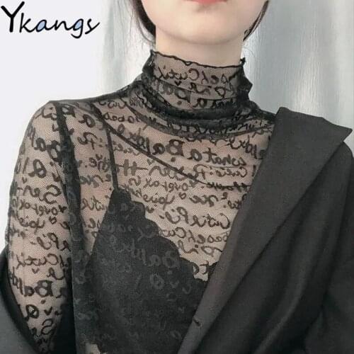 Women Summer Letter Print Sexy Mesh See Through Long Sleeve T-shirt Office High Neck Transparent Baggy Korean Streetwear Top New