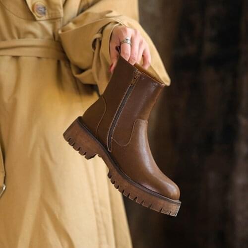 2021 Split Leather Ankle Boots for Women Round Toe Chunky Boots Solid Thick Heel Women Shoes Fall Black Women Boots Plus Size 41