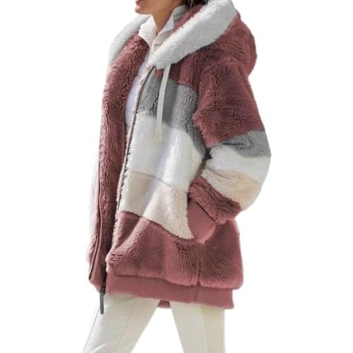 Women Winter Fuzzy Plush Warm Hoodie Jacket Long Sleeve Shaggy Oversized Coat Color Block Striped Zip Up Outerwear S-3XL