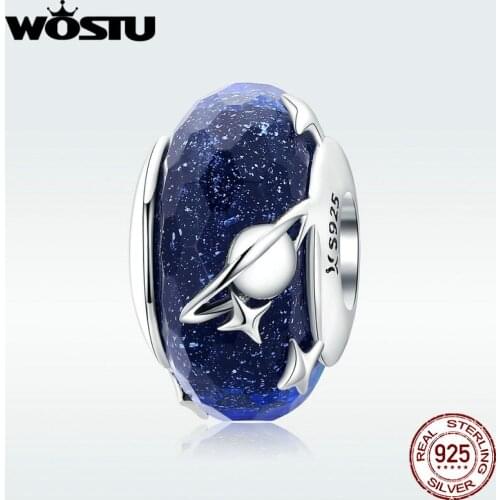 WOSTU 2020 New 925 Sterling Silver Blue Insterstellar Glass Beads Charms Fit Women Unique Bracelet & Bangle Jewelry Gift BKC1284