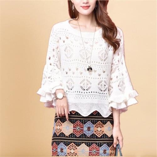 Round collar lotus leaf edge seven-sleeved knitwear womens sleeve small fresh loose short hollow sweet top tide