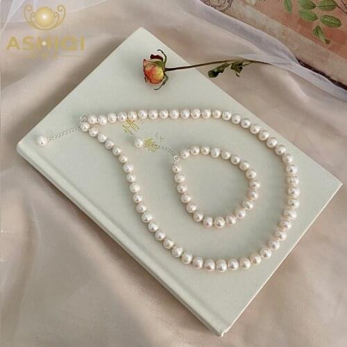ASHIQI Natural Freshwater Pearl Jewelry Set 925 Sterling Silver Necklace Bracelet for Women 2021 New