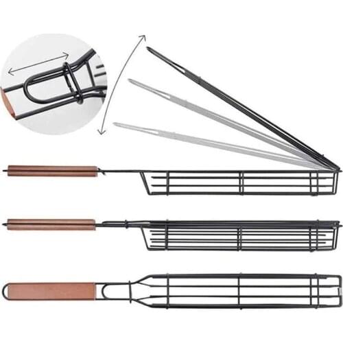 VFGTERTE 1PC Metal Barbecue Grilling Basket with Wooden Handle Safe Non-Stick Kebab Skewers Travel Camping BBQ Accessories Tools
