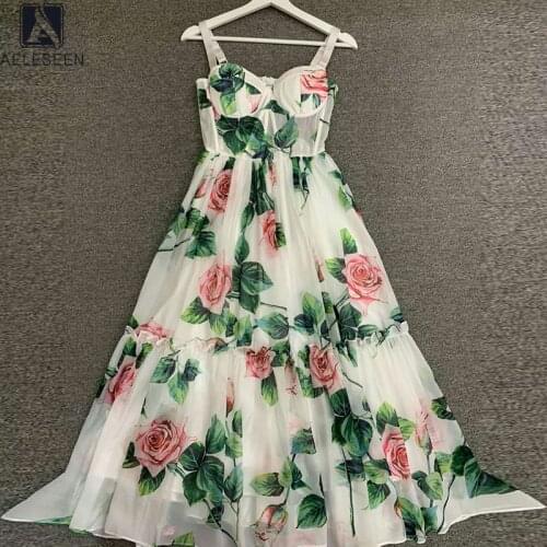 AELESEEN Runway Fashion Summer Spaghetti Strap Women Dress 2021 High Quality White Rose Flower Print Elegant Long Party Dress