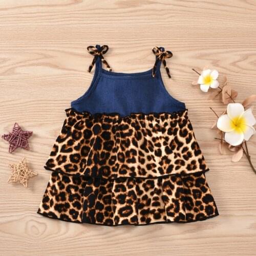 Baby Fashion Casual Sweet Sleeveless Dress Leopard Print with Denim Stitching Ruffle Decoration Summer Clothing