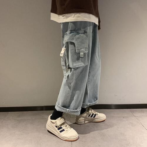 Straight-leg Denim Pants Mens Loose Spring Autumn Casual Washed Denim Wide-leg Trousers Hip-hop Multi-pocket Design Pants Male