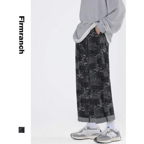 Firmranch Fall Spring Men/Women Newspaper Pattern knitted Jeans Ins High Street Wide Leg Denim Pants Loose Casual Long Trousers