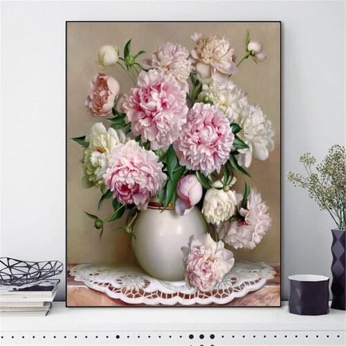 HUACAN Embroidery Peony Flower Kits Cross Stitch Set Needlework White Canvas DIY Home Decoration 14CT 40x50cm