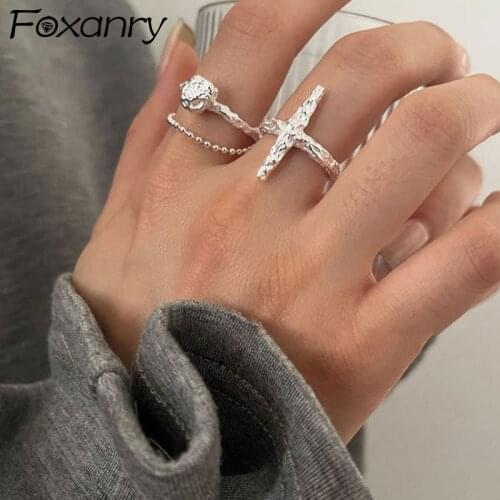 FOXANRY 925 Sterling Silver Rings Cross Accessories Trendy Elegant Simple Double Layer Chain Rose Flower Party Jewelry for Women