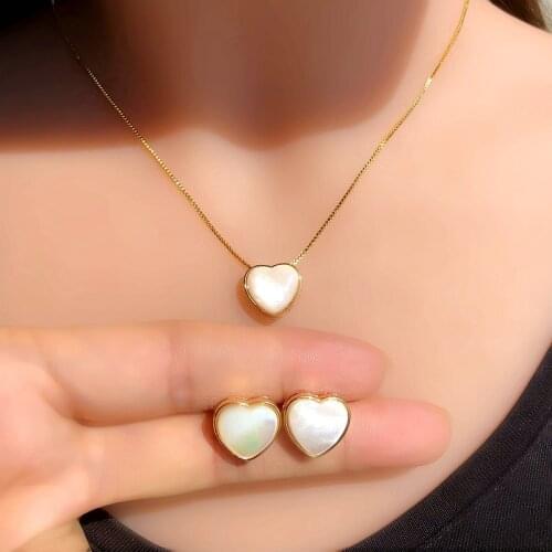 Small Gold Color Heart Pendant Necklace Stud Earrings Jewelry Sets Natural Pearl Shell Necklace Earrings Set women accessories