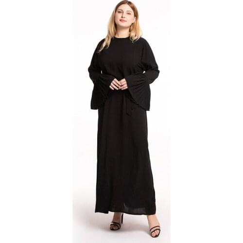 Muslim Womans Dress Muslim Fashion Plus Size Women Round Neck Pleated Flared Sleeves Slim Long Dress Abaya Dubai Donsignet