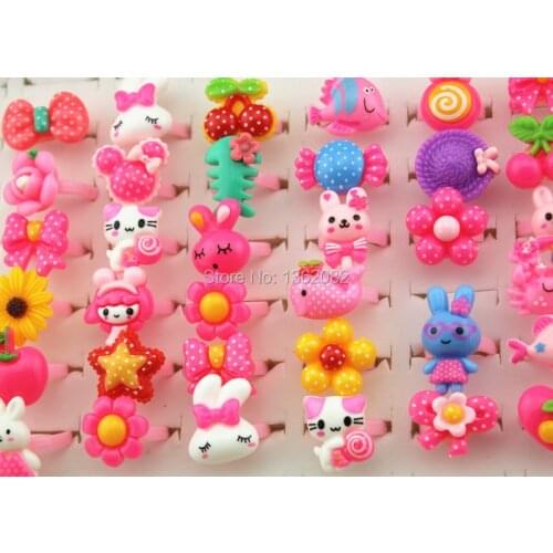 Wholesale 100pcs/lot Baby Girl Mixed Lovely Candy Color Animals Flower Cartoon Rings Kids Rings for Christmas gift MR124