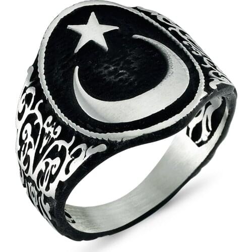 Original New Hot Selling Moon Star English Men Rings Antique Islamic Trendy Bohemian 925 Silver Color Mens Ring Vintage Jewelry