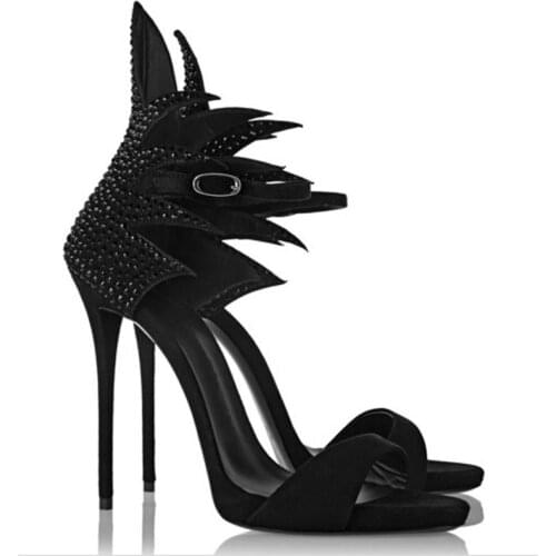 Sexy Women Hot Dirlled Black Crystal Cover Phoenix tail Sandals Cover Stiletto High Heels Ankle Strap Buckle Summer Party Shoes