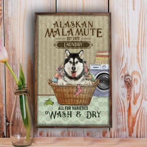 Bathroom Sign Alaskan Malamute Dog Wash And Dry Laundry Vintage Metal Tin Signs Plaque Pub Wall Decor