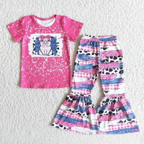 New Arrival Fashion Children Spring Autumn Short Sleeve Outfit Baby Girls Cute Pig Pattern Top And Stitching Fabric Flare Pants