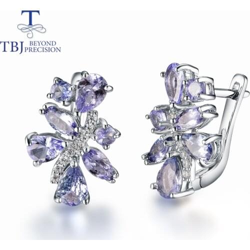 Natural tanzanite clasp earrings 925 sterling silver Elegant floret design fine jewelry for women Wedding wear nice gift