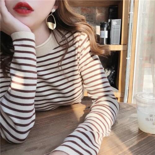 Spring Autumn New Mock Neck Striped Knitted Sweater Top Women Casual Long Sleeve Slim Chic Bottoming Elegant Pullover Top Female
